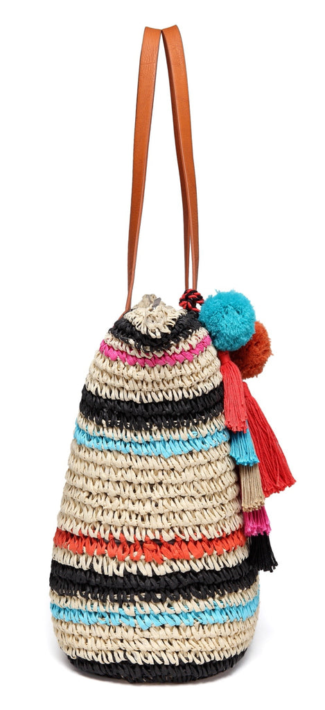 Large Straw Beach Tote Bag for Women with Pom Poms and Inner Pouch -Vegan Leather Handles (Multi Color)