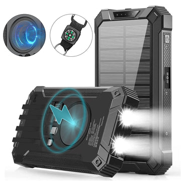 Portable Solar Charger for Iphone Android, 30000Mah Wireless Power Bank with 4 Charging Cables and 3 USB Port