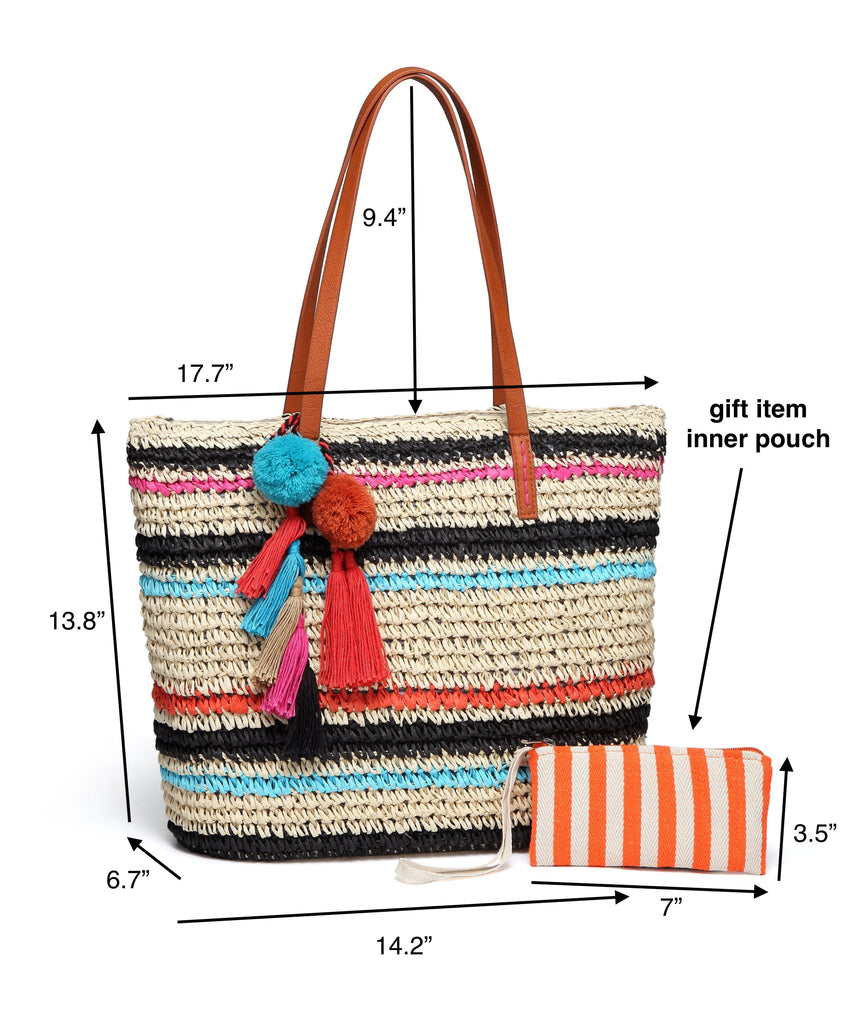 Large Straw Beach Tote Bag for Women with Pom Poms and Inner Pouch -Vegan Leather Handles (Multi Color)