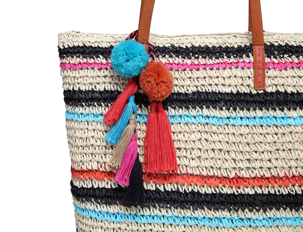 Large Straw Beach Tote Bag for Women with Pom Poms and Inner Pouch -Vegan Leather Handles (Multi Color)