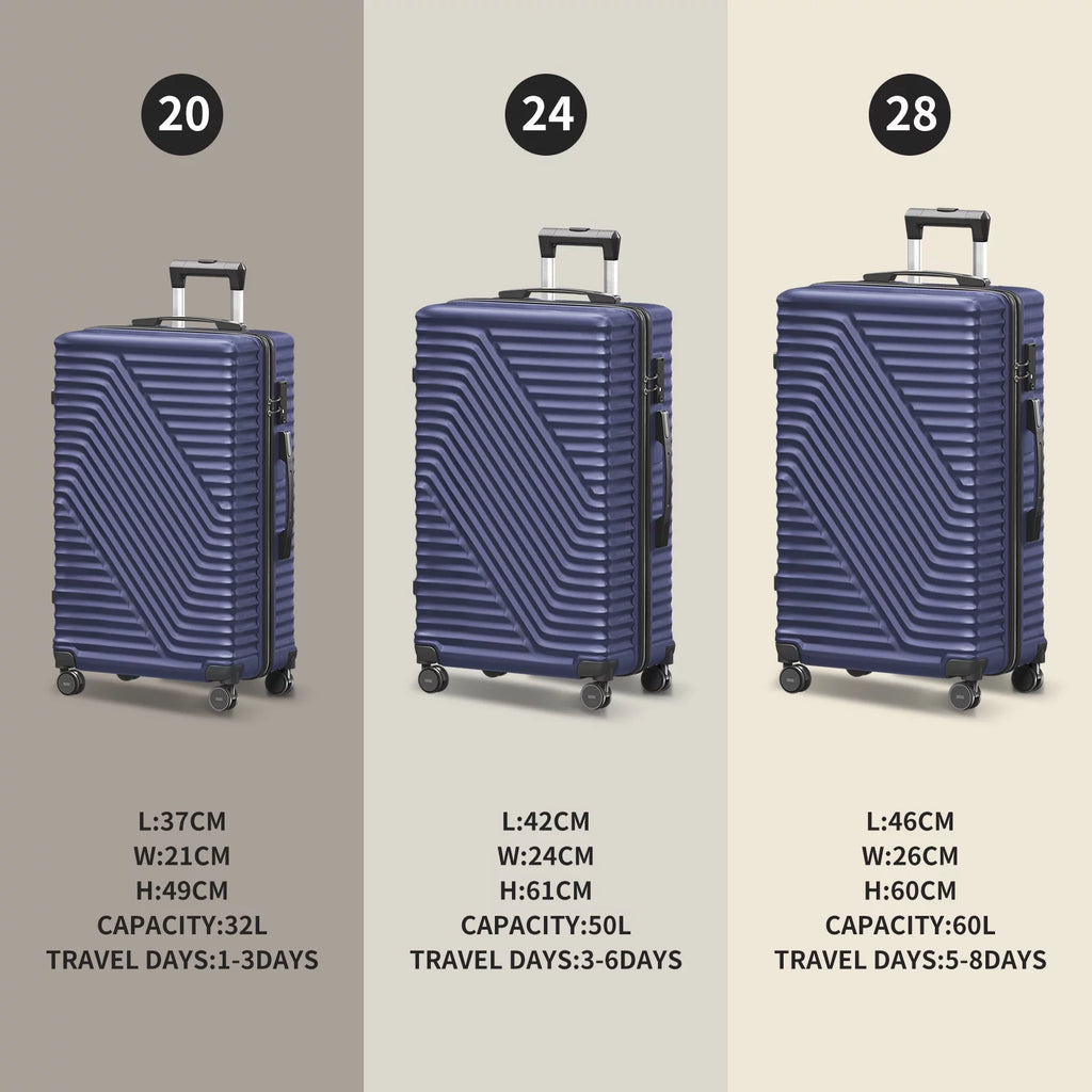 3 Pcs Suitcase Luggage Set ABS Hardshell Hardside with TSA Lock, 20/24/28 Inch Blue