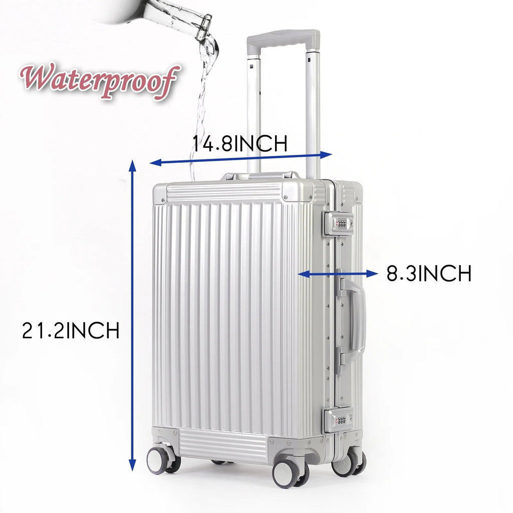 20" All - Aluminum Carry - On Luggage - Zipperless Hard Shell Suitcase with Silent 360° Spinner Wheels (Vertical Grain Style, Silver) - Top Travels