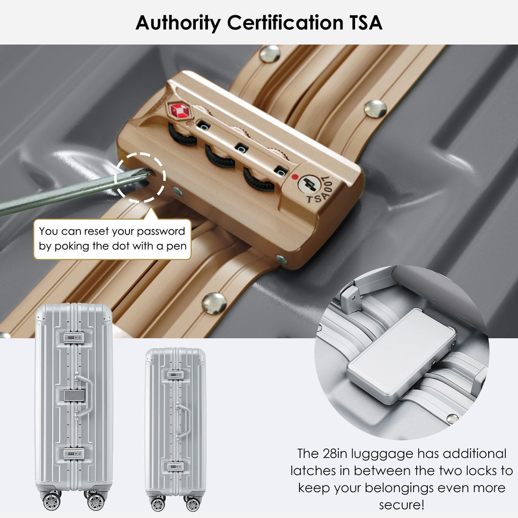 28 - Inch Aluminum Frame Checked Luggage with USB Port, Spinner Wheels, and TSA Lock - Top Travels