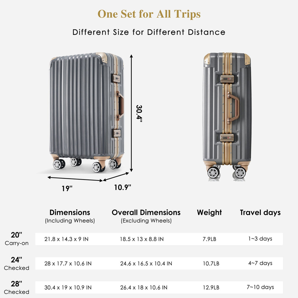 28 - Inch Aluminum Frame Checked Luggage with USB Port, Spinner Wheels, and TSA Lock - Top Travels