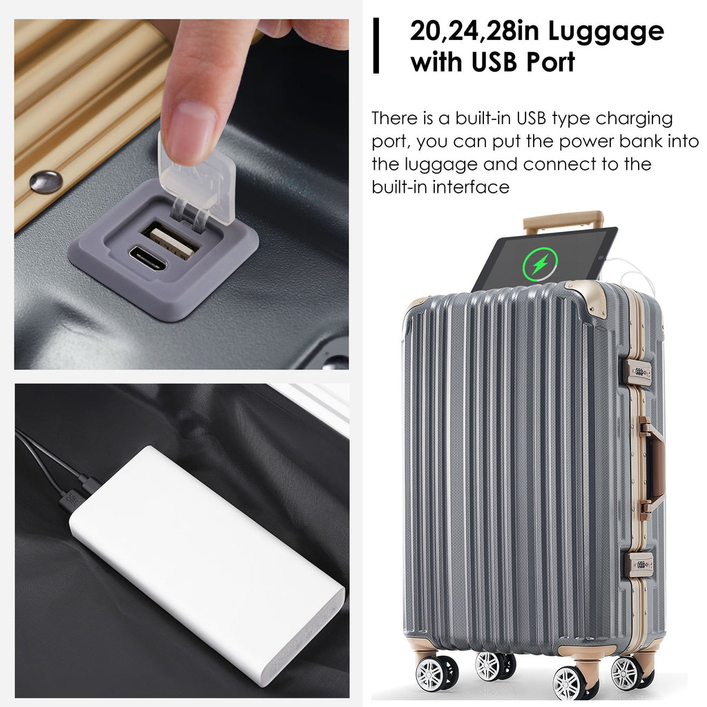 28 - Inch Aluminum Frame Checked Luggage with USB Port, Spinner Wheels, and TSA Lock - Top Travels
