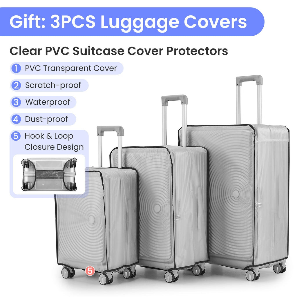 3 - Piece Expandable Luggage Set (20/24/28), Lightweight 100% PC Hard Shell with Front Pocket, TSA Lock, and Spinner Wheels, Airline Approved Carry - On - Top Travels