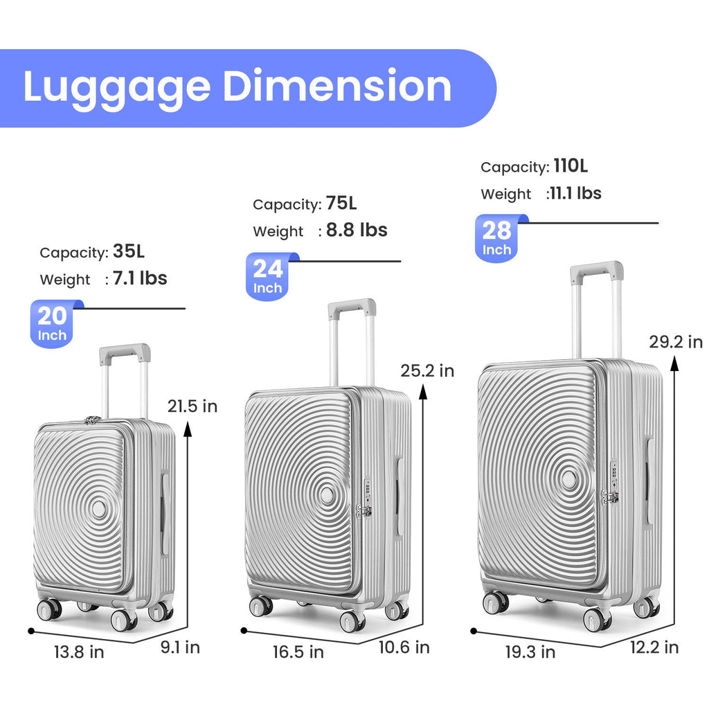 3 - Piece Expandable Luggage Set (20/24/28), Lightweight 100% PC Hard Shell with Front Pocket, TSA Lock, and Spinner Wheels, Airline Approved Carry - On - Top Travels