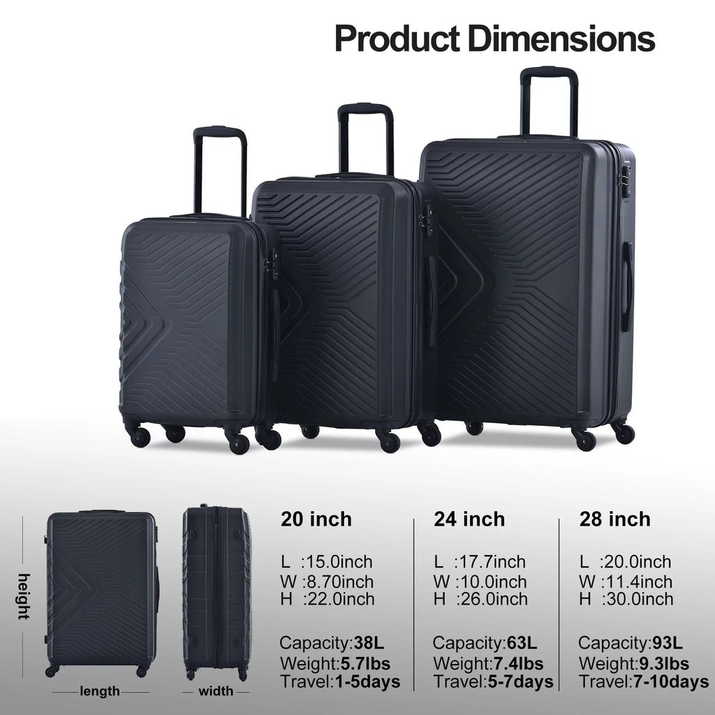 3 Piece Hardshell Luggage Set Hardside Lightweight Suitcase with TSA Lock Spinner Wheels 20In24In28In.(Black) - Top Travels