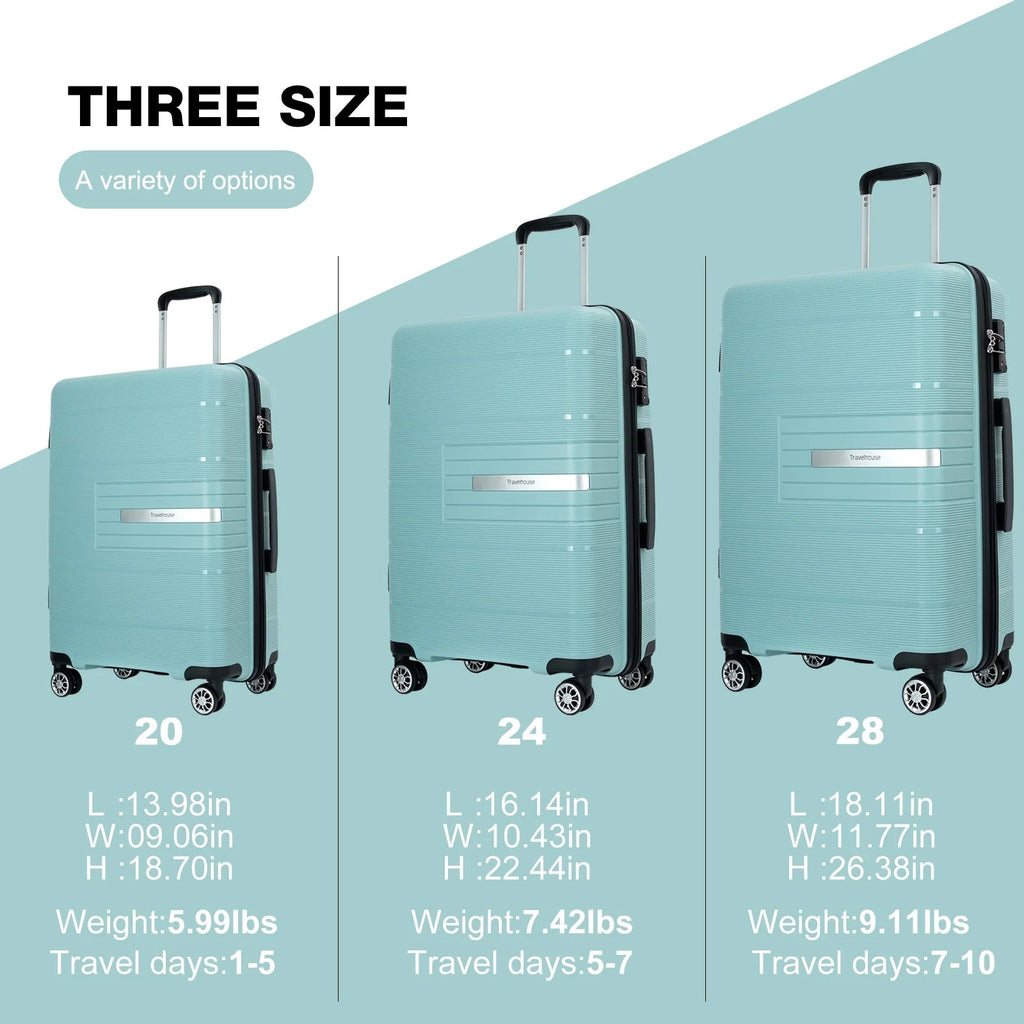 3 Piece Luggage Sets, Hardside Carry on Luggage, PP Case with Two Hooks, Spinner Wheels, TSA Lock, Airline Approved, Lightweight Durable Suitcase, （20”24”28”）(Light Green) - Top Travels