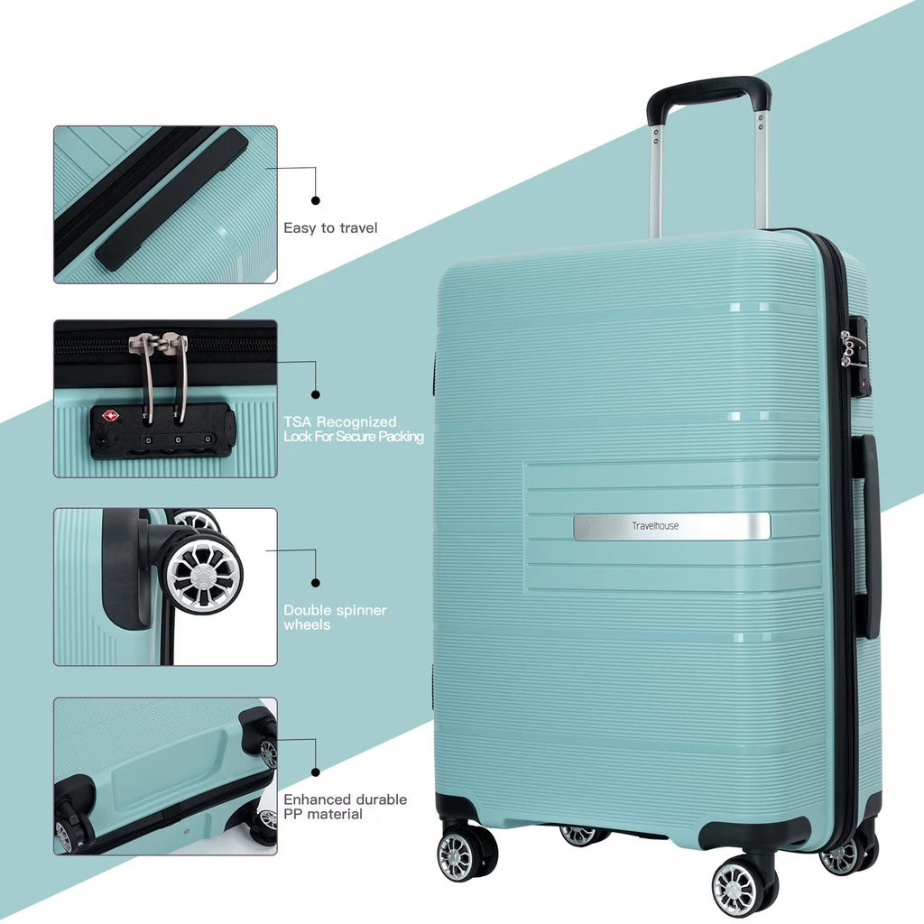 3 Piece Luggage Sets, Hardside Carry on Luggage, PP Case with Two Hooks, Spinner Wheels, TSA Lock, Airline Approved, Lightweight Durable Suitcase, （20”24”28”）(Light Green) - Top Travels