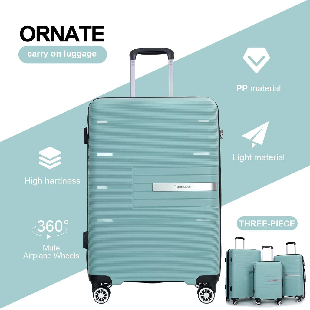 3 Piece Luggage Sets, Hardside Carry on Luggage, PP Case with Two Hooks, Spinner Wheels, TSA Lock, Airline Approved, Lightweight Durable Suitcase, （20”24”28”）(Light Green) - Top Travels