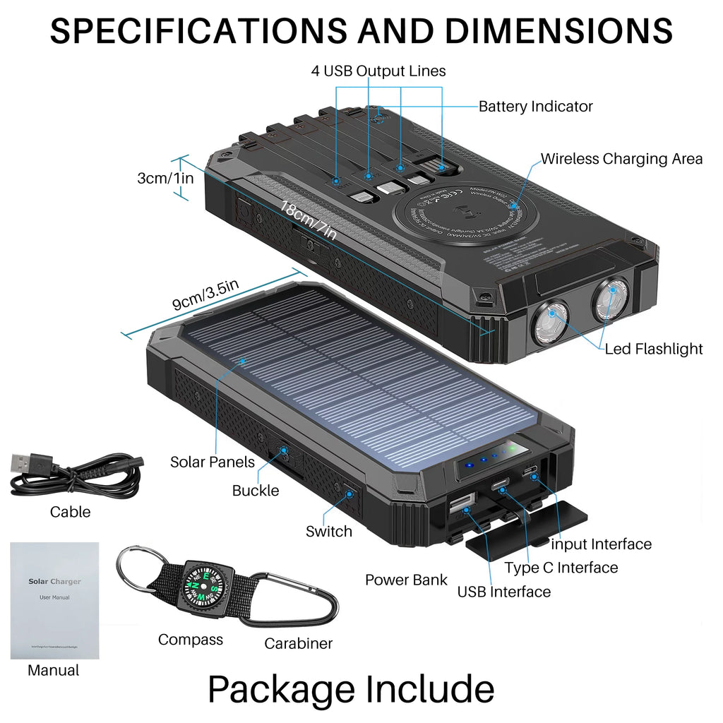 Portable Solar Charger for Iphone Android, 30000Mah Wireless Power Bank with 4 Charging Cables and 3 USB Port