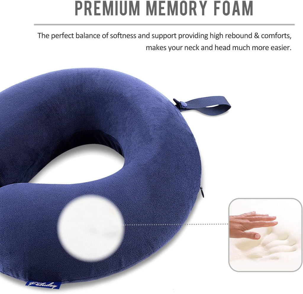 Travel Pillow Memory Foam - Head Neck Support Airplane Pillow for Traveling, Car, Home, Office, Travel Neck Flight Pillow with Attachable Snap Strap Soft Washable Cover