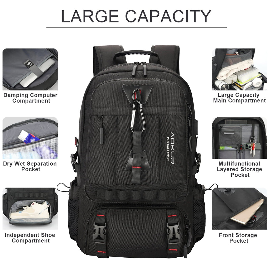 55L Expandable Travel Backpack, Unisex 18.4" Laptop Backpack with USB Charger Port, Extra Large Hiking Backpack with Shoes Compartment & Dry Wet Pocket Black - Top Travels