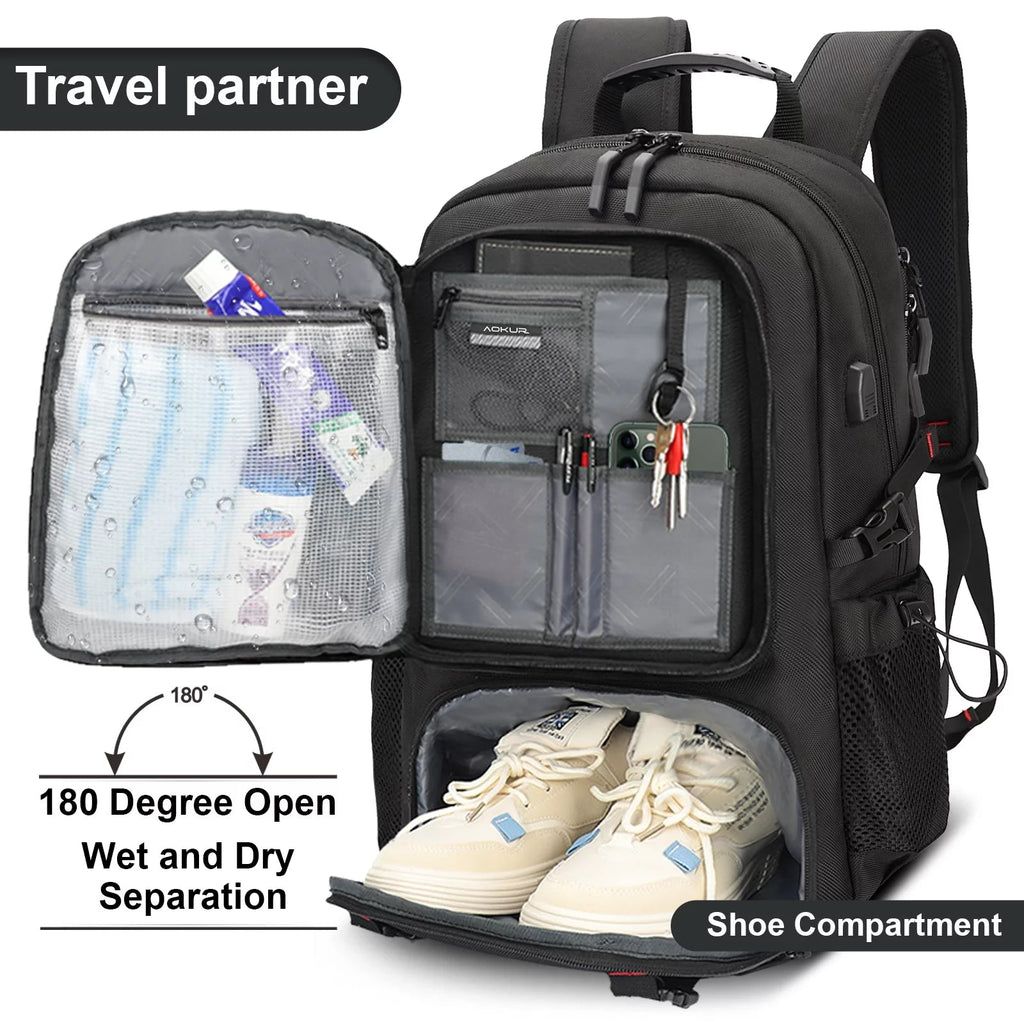 55L Expandable Travel Backpack, Unisex 18.4" Laptop Backpack with USB Charger Port, Extra Large Hiking Backpack with Shoes Compartment & Dry Wet Pocket Black - Top Travels