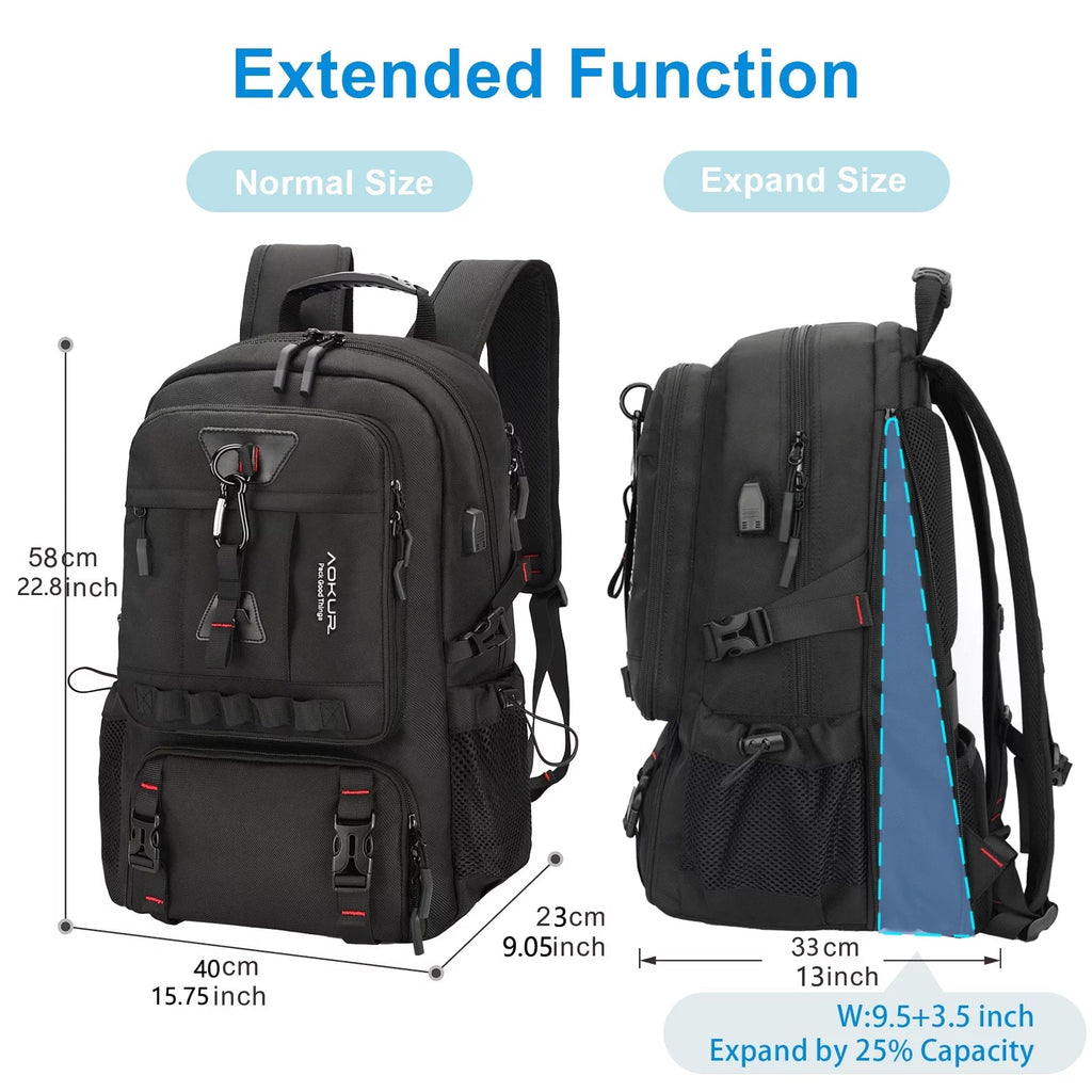 55L Expandable Travel Backpack, Unisex 18.4" Laptop Backpack with USB Charger Port, Extra Large Hiking Backpack with Shoes Compartment & Dry Wet Pocket Black - Top Travels