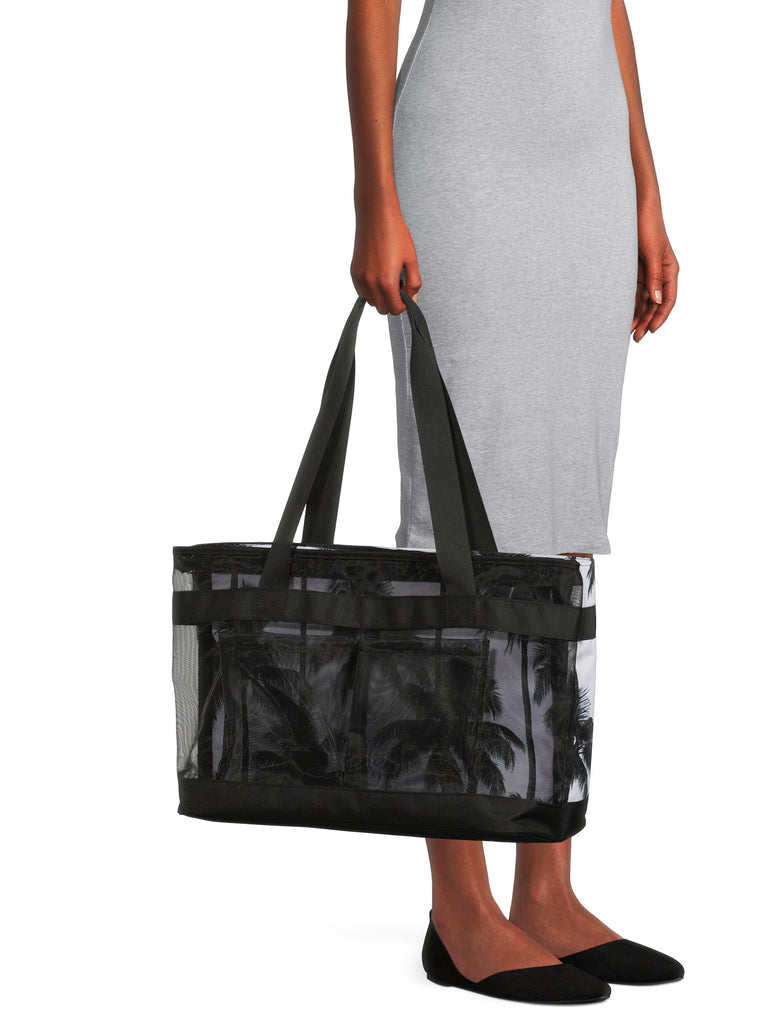 Women'S Double Cooler Tote Bag, Black/White Palm Tree