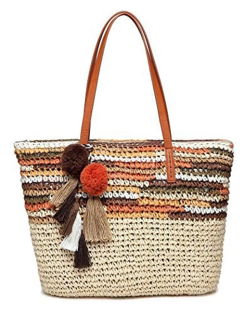 Large Straw Beach Tote Bag for Women with Pom Poms and Inner Pouch -Vegan Leather Handles (Multi Color)