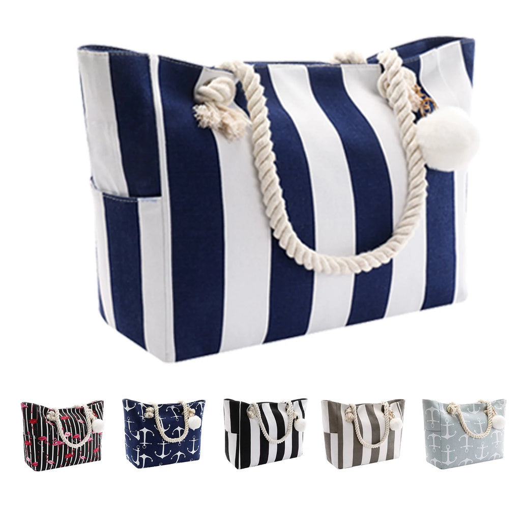 Extra Large Waterproof Beach Tote with Zipper Pockets - Blue Anchor