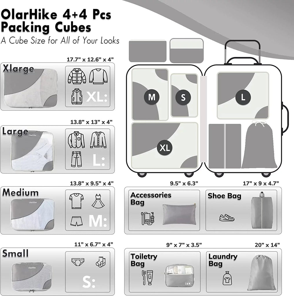8 Set Packing Cubes, Travel Luggage Organizers ,Gray - Top Travels