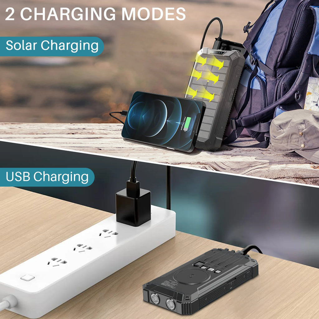 Portable Solar Charger for Iphone Android, 30000Mah Wireless Power Bank with 4 Charging Cables and 3 USB Port