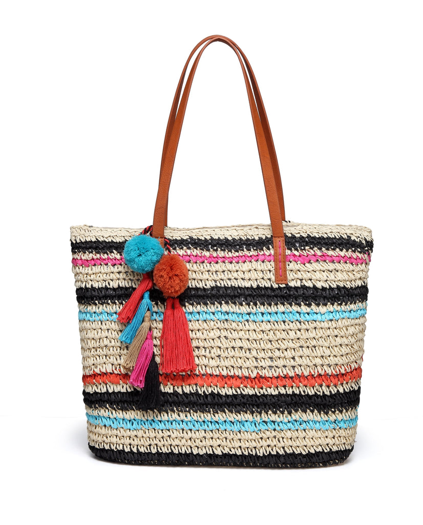 Large Straw Beach Tote Bag for Women with Pom Poms and Inner Pouch -Vegan Leather Handles (Multi Color)