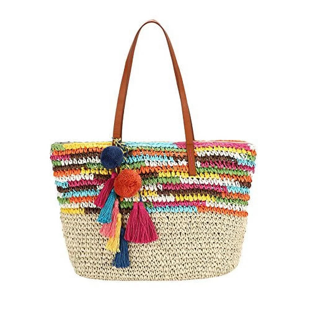 Large Straw Beach Tote Bag for Women with Pom Poms and Inner Pouch -Vegan Leather Handles (Multi Color)