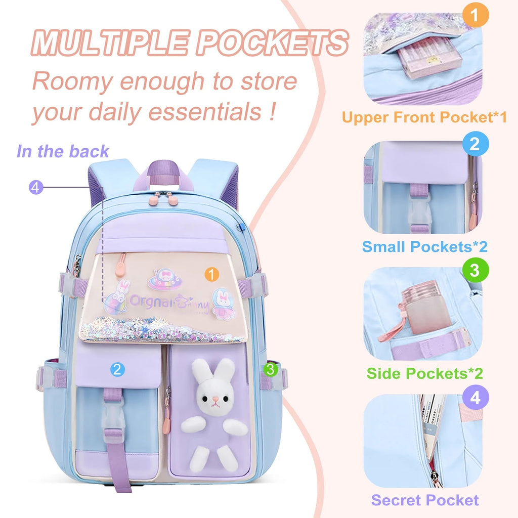 Cute Bunny Kids Backpack for Girls for School & Travel, Blue - Top Travels
