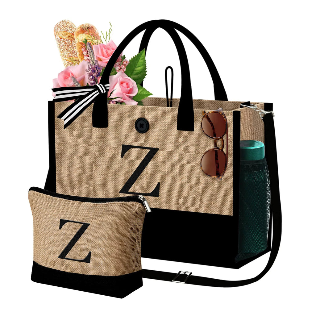 Initial Jute Tote Bag with Makeup Bag Beach Bag with Pockets Adjustable Strap Gifts for Her