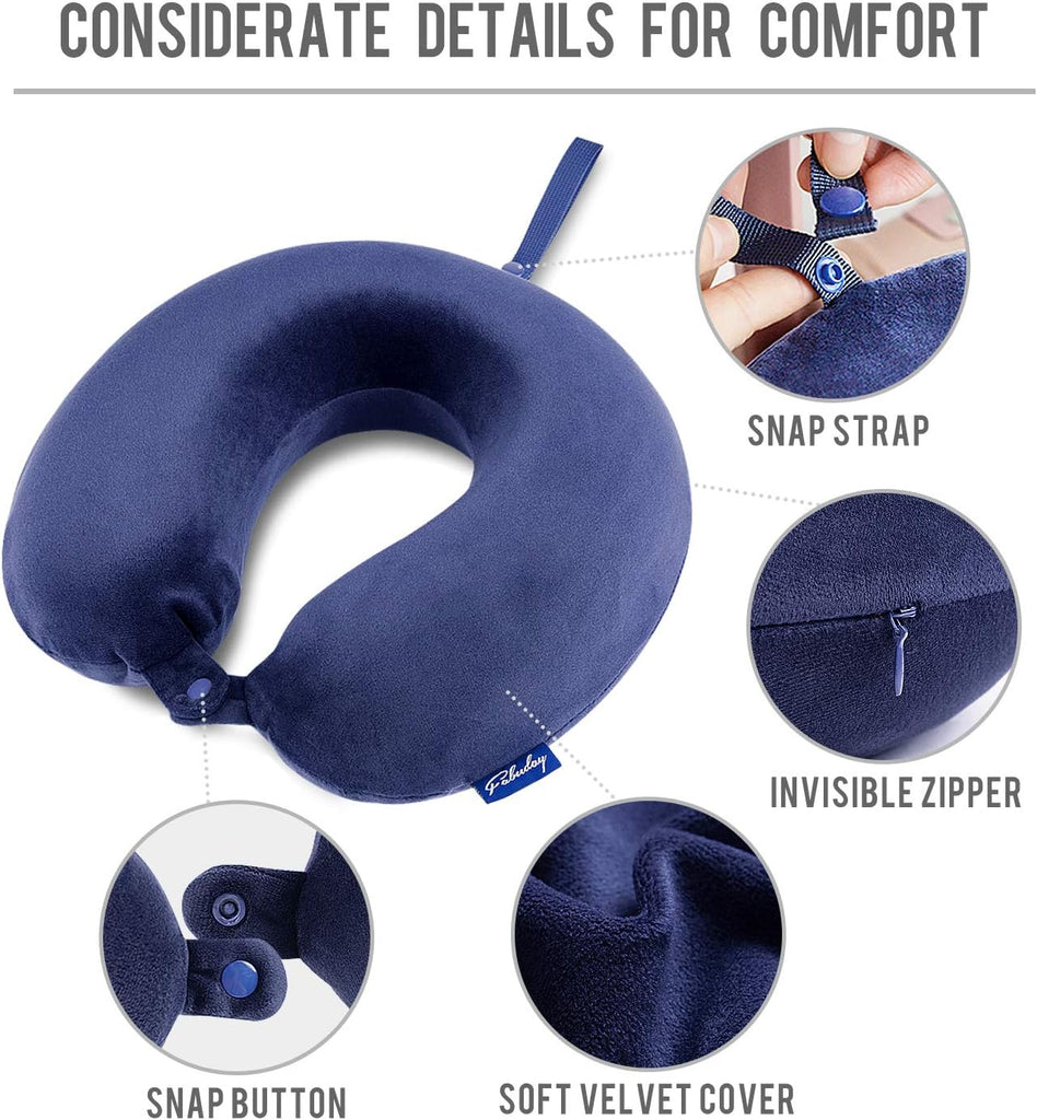 Travel Pillow Memory Foam - Head Neck Support Airplane Pillow for Traveling, Car, Home, Office, Travel Neck Flight Pillow with Attachable Snap Strap Soft Washable Cover