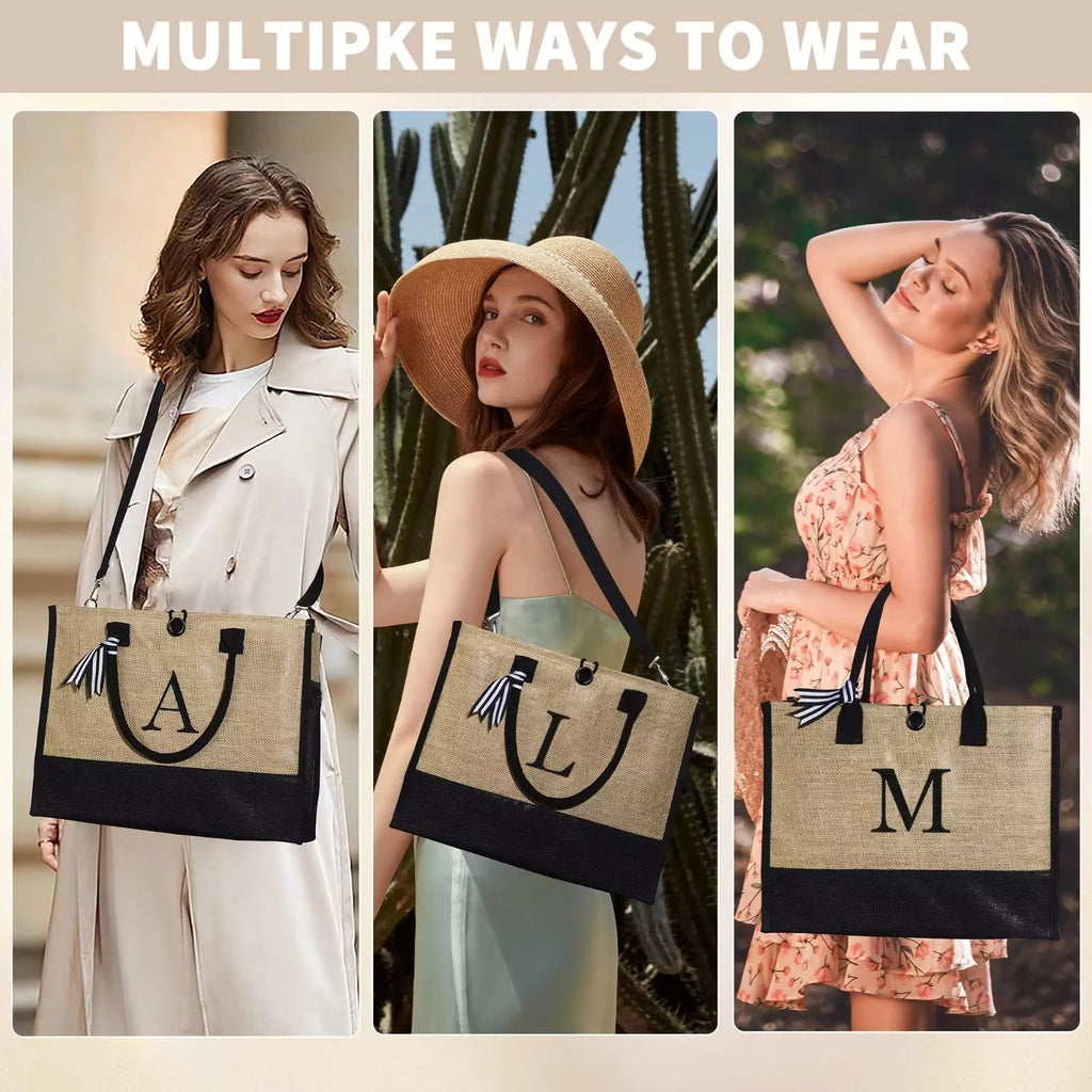 Initial Jute Tote Bag with Makeup Bag Beach Bag with Pockets Adjustable Strap Gifts for Her