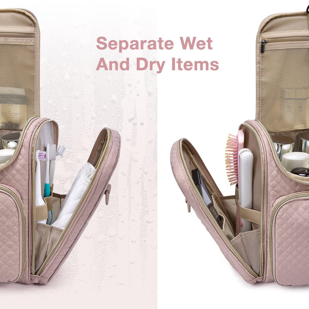 Extra Large Travel Toiletry Bag, Water - Resistant Makeup Cosmetic Bag with Hanging Hook, Travel Toiletries Accessories Organizer Essentials, Full Sized Container, Pink - Top Travels