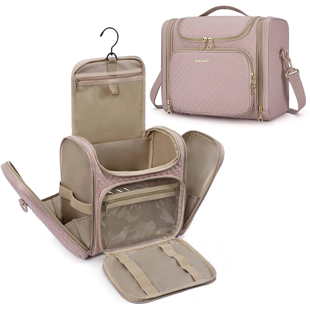 Extra Large Travel Toiletry Bag, Water - Resistant Makeup Cosmetic Bag with Hanging Hook, Travel Toiletries Accessories Organizer Essentials, Full Sized Container, Pink - Top Travels