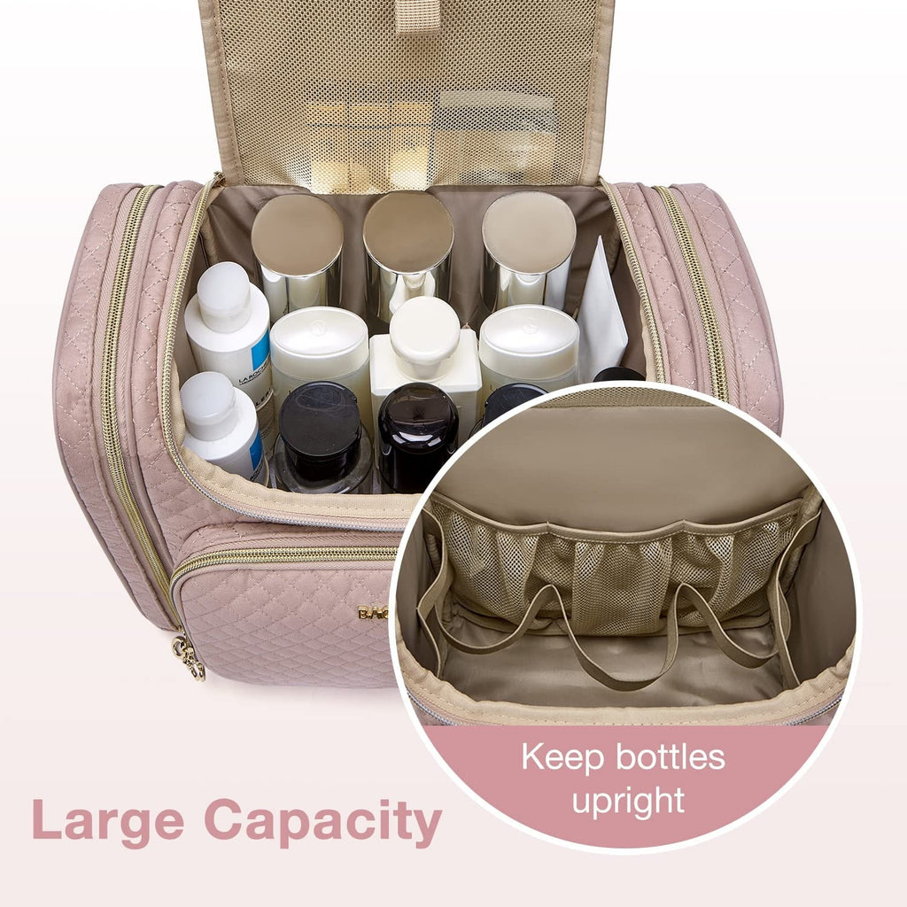 Extra Large Travel Toiletry Bag, Water - Resistant Makeup Cosmetic Bag with Hanging Hook, Travel Toiletries Accessories Organizer Essentials, Full Sized Container, Pink - Top Travels