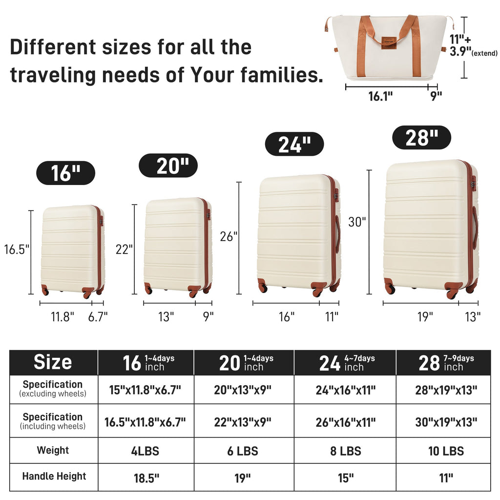 Hardshell Luggage Sets 4 pcs + Bag Spinner Suitcase with TSA Lock Lightweight - 16"+20"+24"+28" Luggages - Top Travels