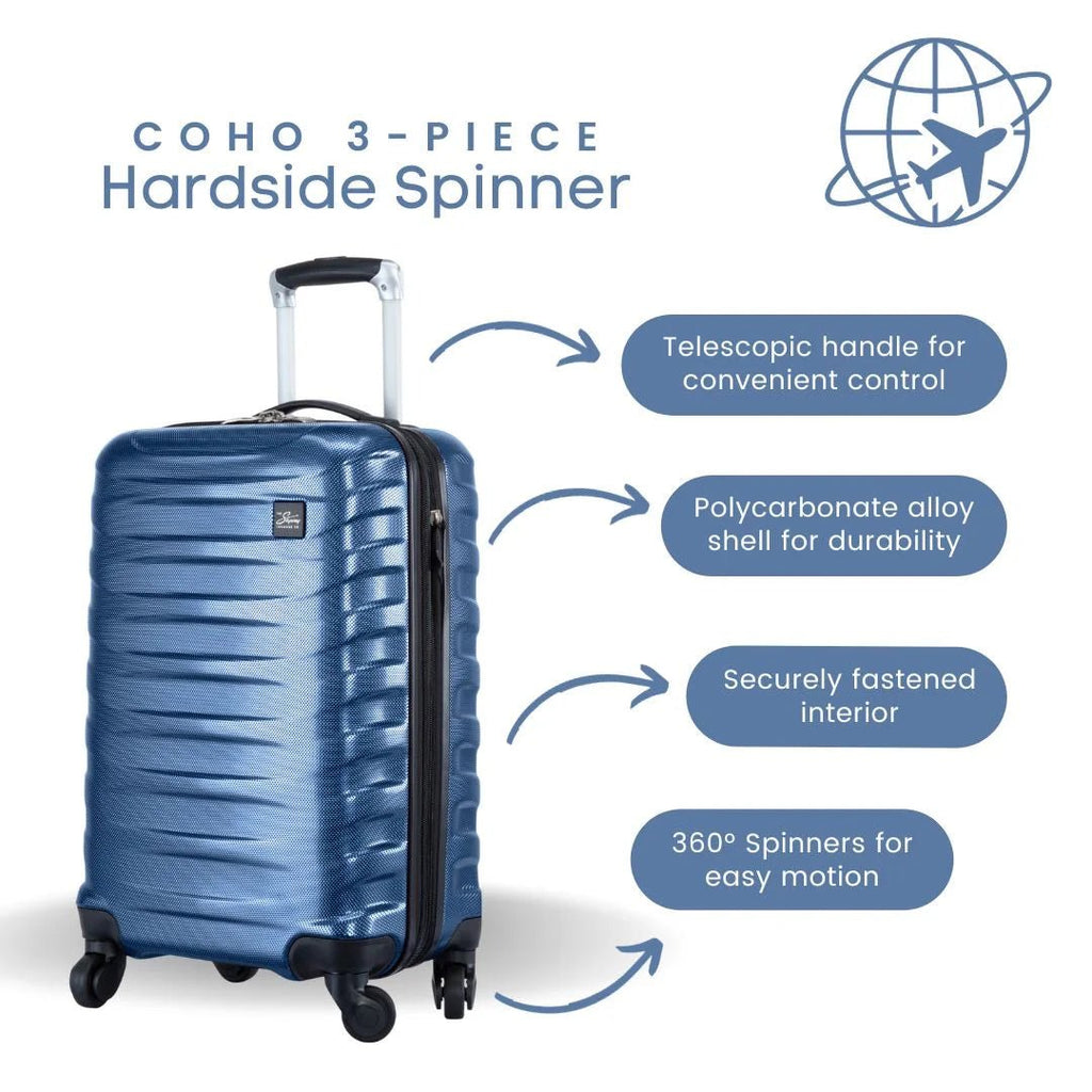 Luggage Coho Hardside 3 - Piece Luggage Set with Spinner Wheels, Royal Blue - Top Travels