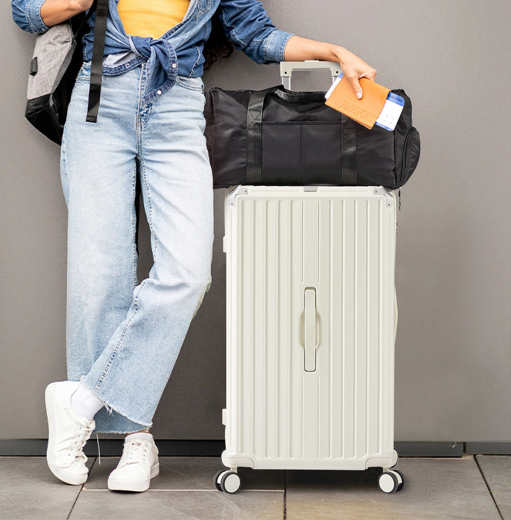 Luggage Set 4 pcs (20"/24"/29"/Travel Bag), PC+ABS Durable Lightweight Luggage with Collapsible Cup Holder, 360° Silent Spinner Wheels, TSA Lock, White - Top Travels
