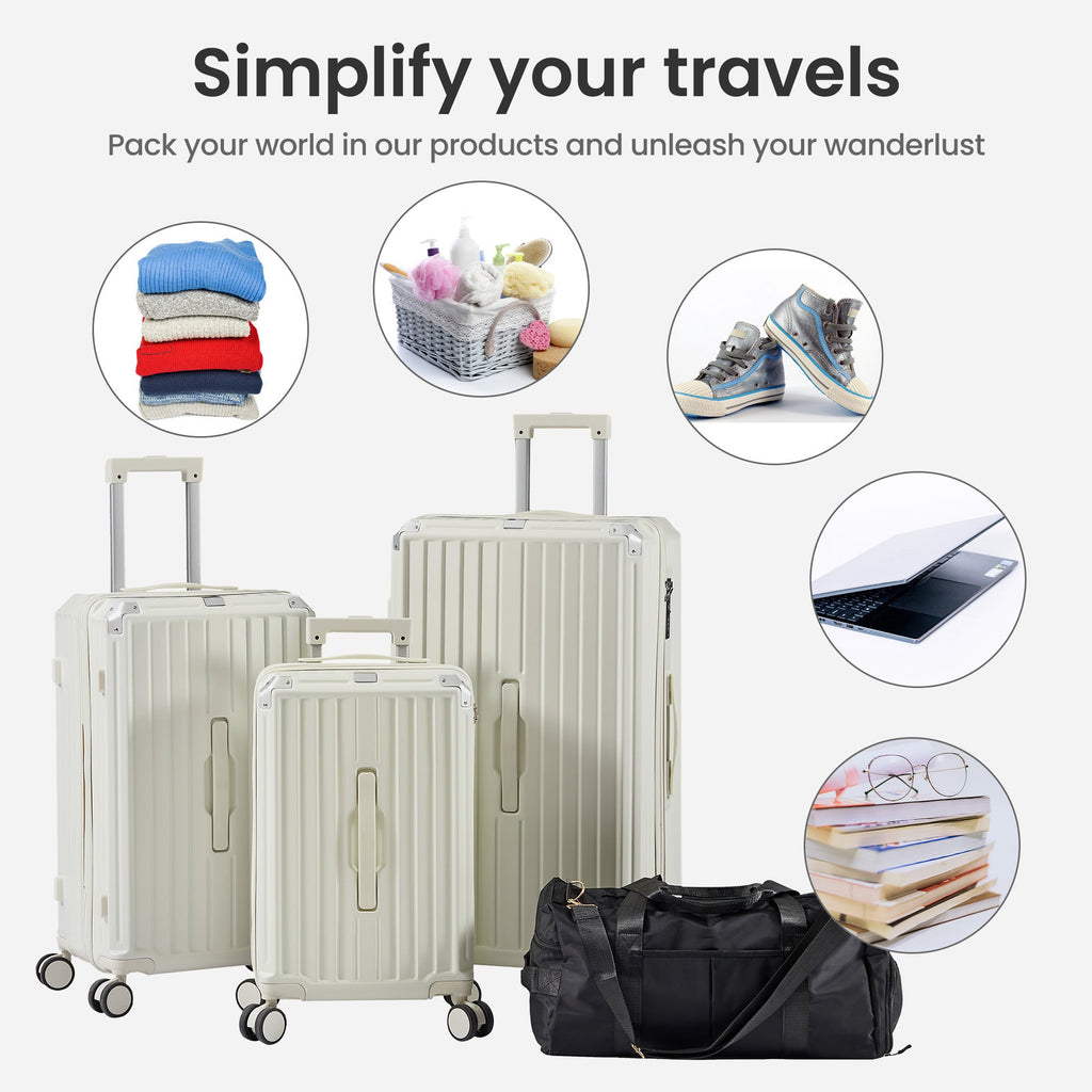 Luggage Set 4 pcs (20"/24"/29"/Travel Bag), PC+ABS Durable Lightweight Luggage with Collapsible Cup Holder, 360° Silent Spinner Wheels, TSA Lock, White - Top Travels