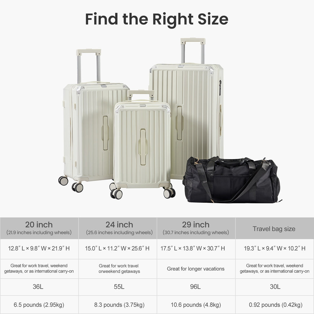 Luggage Set 4 pcs (20"/24"/29"/Travel Bag), PC+ABS Durable Lightweight Luggage with Collapsible Cup Holder, 360° Silent Spinner Wheels, TSA Lock, White - Top Travels