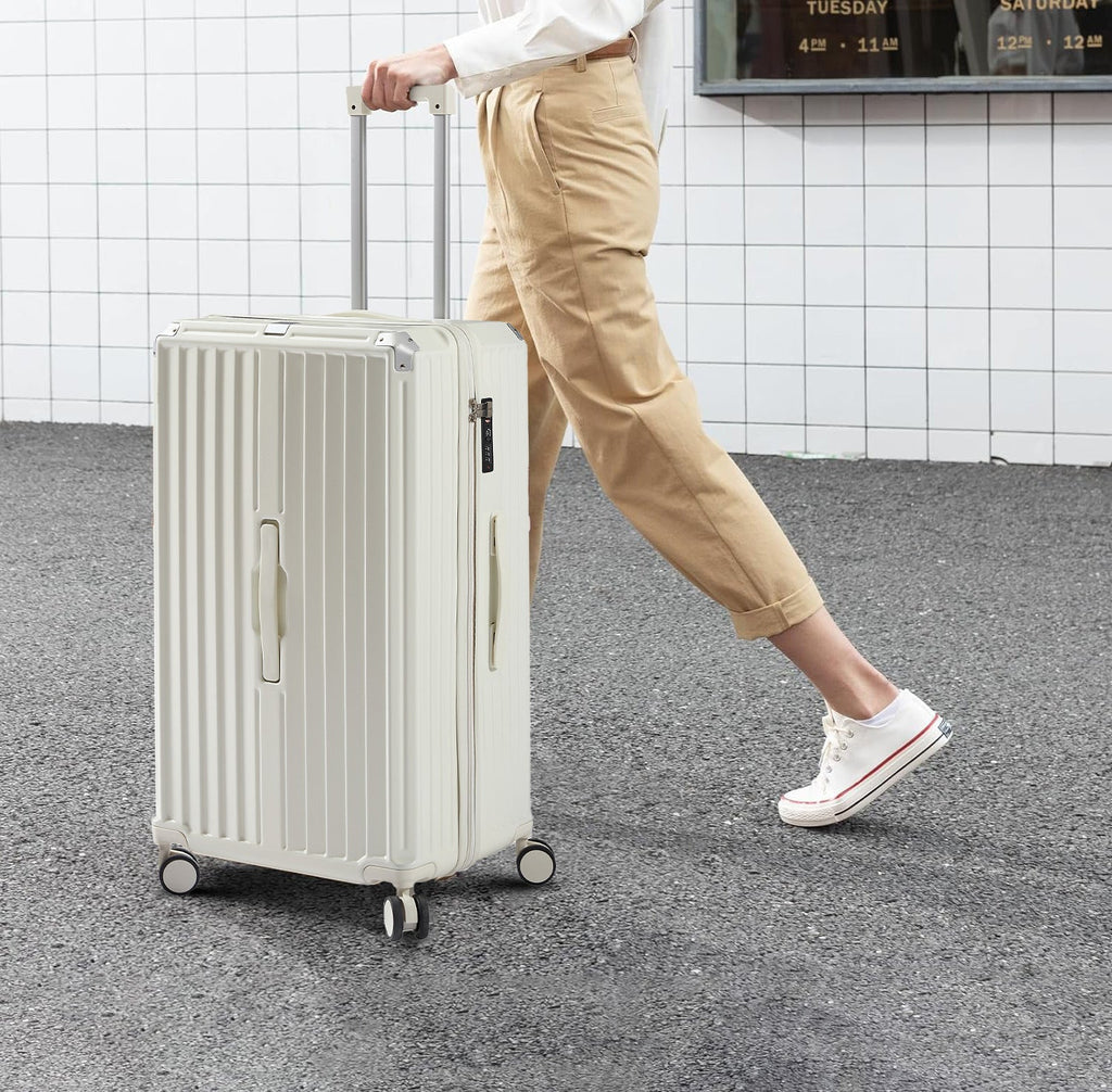 Luggage Set 4 pcs (20"/24"/29"/Travel Bag), PC+ABS Durable Lightweight Luggage with Collapsible Cup Holder, 360° Silent Spinner Wheels, TSA Lock, White - Top Travels