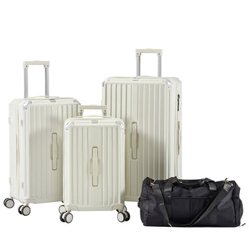 Luggage Set 4 pcs (20"/24"/29"/Travel Bag), PC+ABS Durable Lightweight Luggage with Collapsible Cup Holder, 360° Silent Spinner Wheels, TSA Lock, White - Top Travels