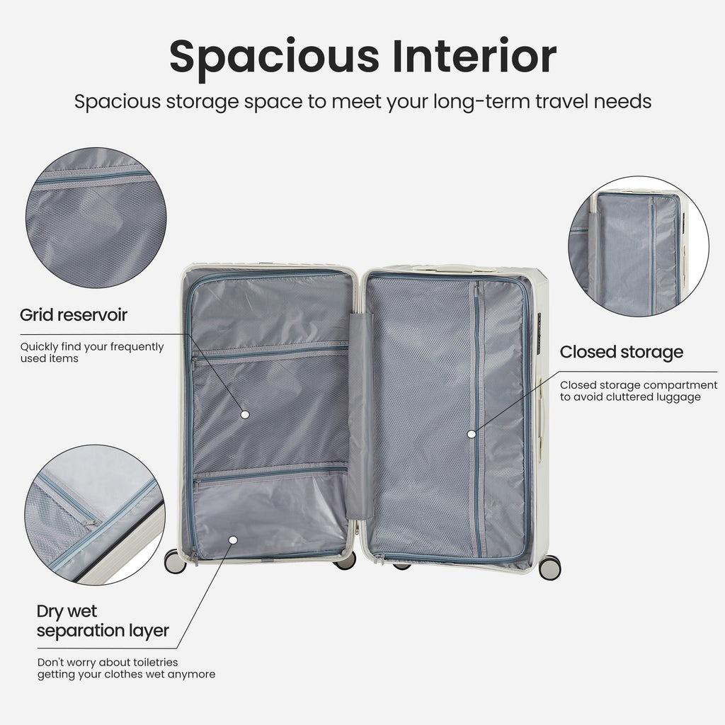 Luggage Set 4 pcs (20"/24"/29"/Travel Bag), PC+ABS Durable Lightweight Luggage with Collapsible Cup Holder, 360° Silent Spinner Wheels, TSA Lock, White - Top Travels