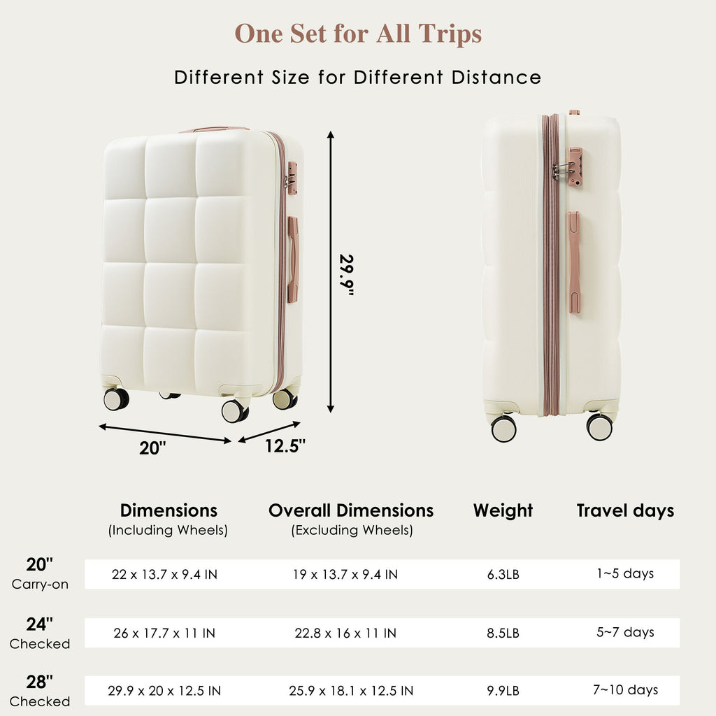 Luggage Set of 3, 20 - inch with USB Port, Airline Certified Carry - on Luggage with Cup Holder, ABS Hard Shell Luggage with Spinner Wheels, white - Top Travels
