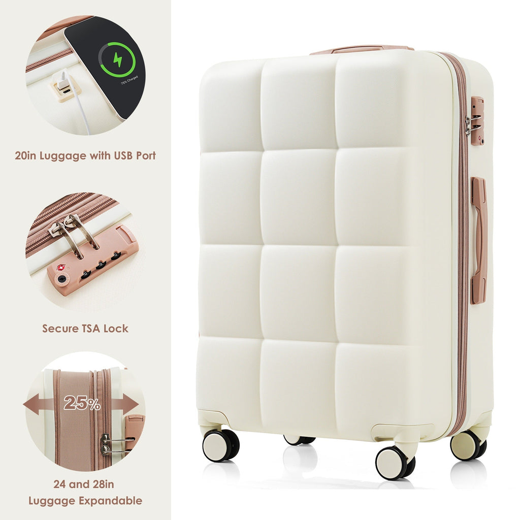 Luggage Set of 3, 20 - inch with USB Port, Airline Certified Carry - on Luggage with Cup Holder, ABS Hard Shell Luggage with Spinner Wheels, white - Top Travels