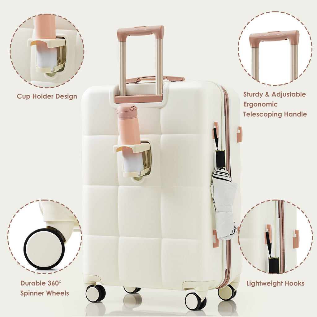 Luggage Set of 3, 20 - inch with USB Port, Airline Certified Carry - on Luggage with Cup Holder, ABS Hard Shell Luggage with Spinner Wheels, white - Top Travels