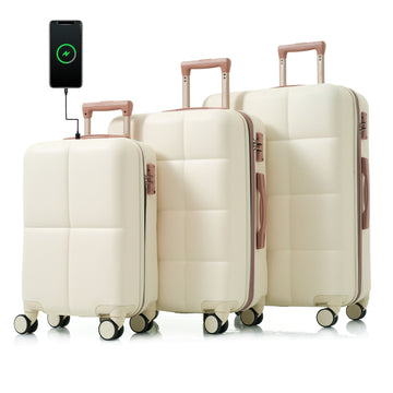 Luggage Set of 3, 20 - inch with USB Port, Airline Certified Carry - on Luggage with Cup Holder, ABS Hard Shell Luggage with Spinner Wheels, white - Top Travels
