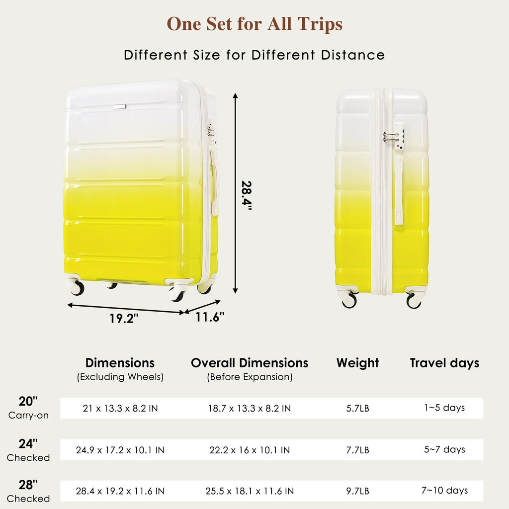 Luggage Set of 3, 20 - inch with USB Port, Airline Certified Carry - on Luggage with Cup Holder, ABS+PC Hard Shell Luggage with Spinner Wheels, lemon yellow - Top Travels