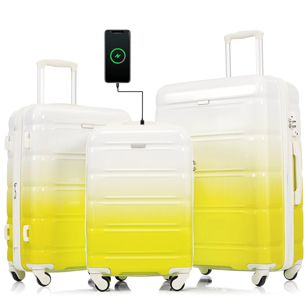 Luggage Set of 3, 20 - inch with USB Port, Airline Certified Carry - on Luggage with Cup Holder, ABS+PC Hard Shell Luggage with Spinner Wheels, lemon yellow - Top Travels