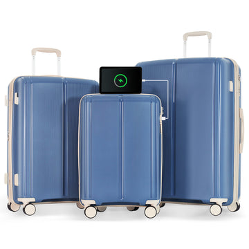 Luggage Sets 3 Piece Suitcase Set 20/24/28 with USB Port,Carry on Luggage Airline Approved,PP Lightweight Suitcase with Spinner Wheels, Blue and Ivory - Top Travels