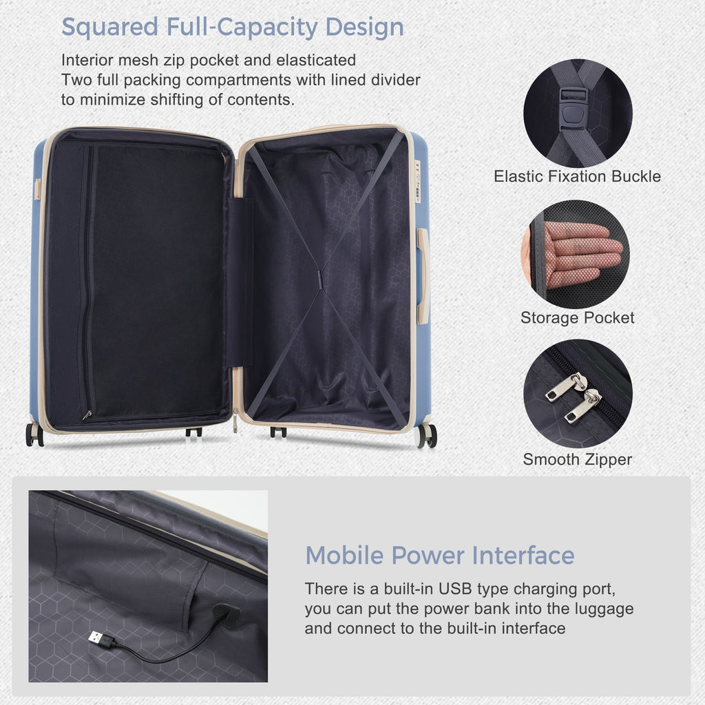 Luggage Sets 3 Piece Suitcase Set 20/24/28 with USB Port,Carry on Luggage Airline Approved,PP Lightweight Suitcase with Spinner Wheels, Blue and Ivory - Top Travels